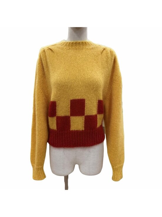 Miu Miu Sweaters - Miu Miu Checkered Pattern Mohair Long Sleeve Knit Sweater Yellow Red 38